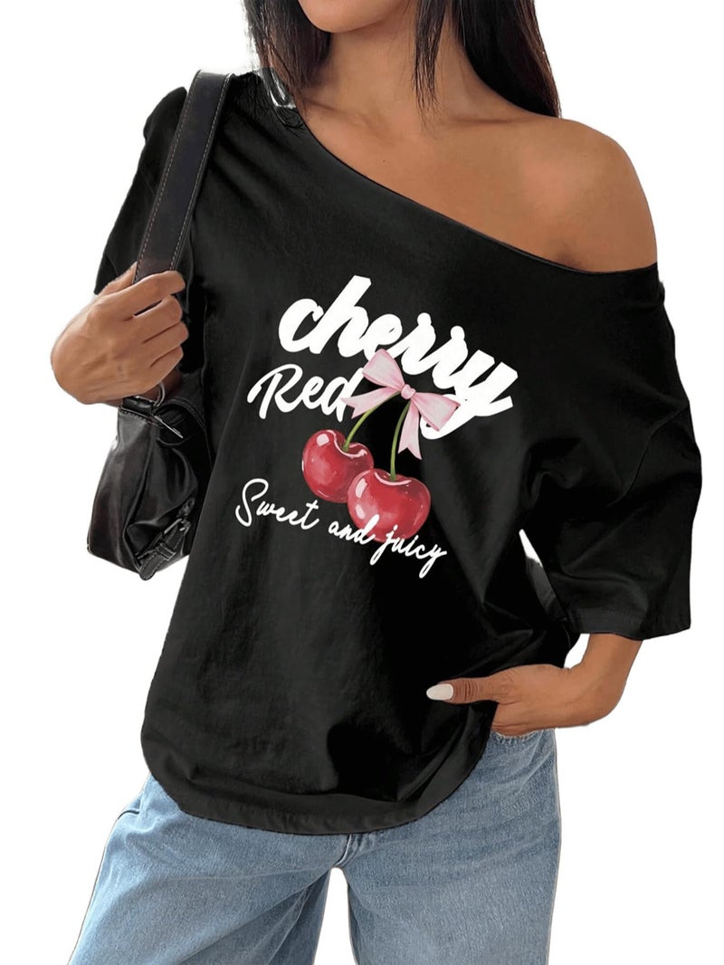 SXV STYLE SXV Women's Loose Bowknot Asymmetrical Neck T-Shirt, Oversized Cherry Pink & White Y2K Style (in, Alpha, 2XL, Regular, Black) - Image 5