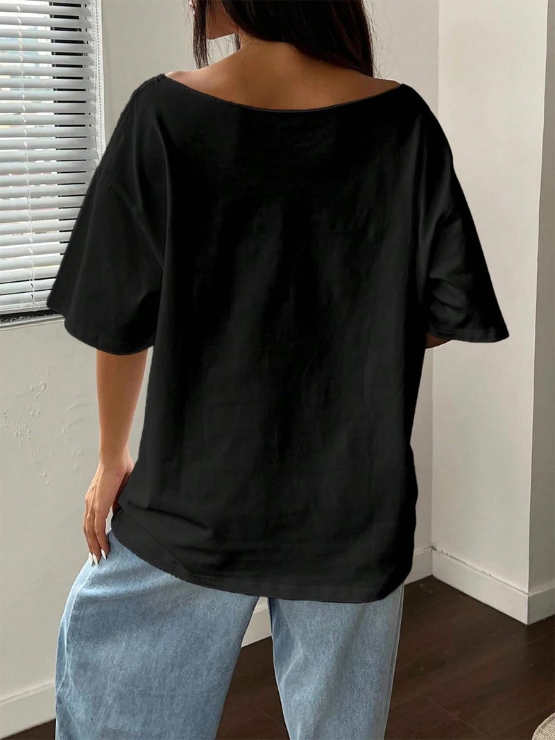 SXV STYLE SXV Women's Loose Bowknot Asymmetrical Neck T-Shirt, Oversized Cherry Pink & White Y2K Style (in, Alpha, 2XL, Regular, Black) - Image 2