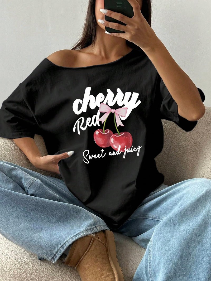 SXV STYLE SXV Women's Loose Bowknot Asymmetrical Neck T-Shirt, Oversized Cherry Pink & White Y2K Style (in, Alpha, 2XL, Regular, Black) - Image 3