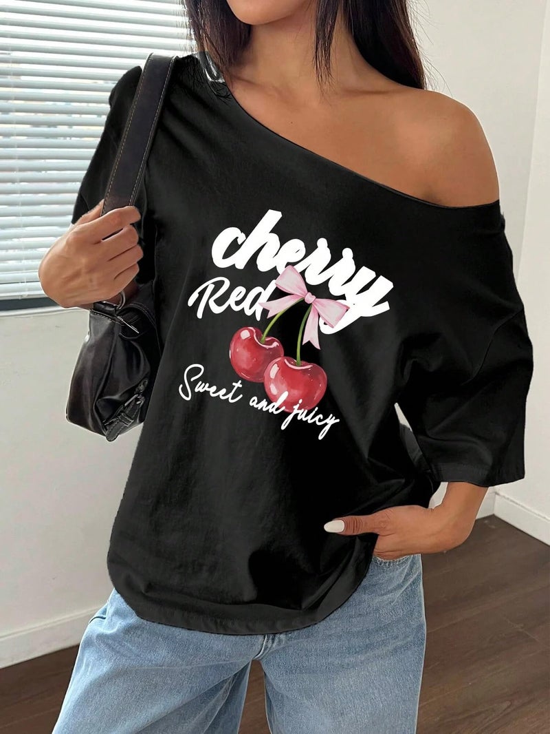 SXV STYLE SXV Women's Loose Bowknot Asymmetrical Neck T-Shirt, Oversized Cherry Pink & White Y2K Style (in, Alpha, 2XL, Regular, Black) - Image 4
