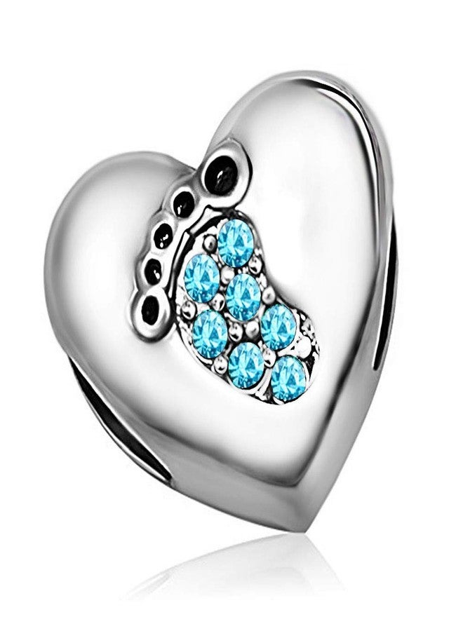 KunBead March Birthstone Footprint Heart Birthday Love Bead Charms Compatible with Pandora Bracelet for Mom Daughter Grandma Granddaughter - Image 1