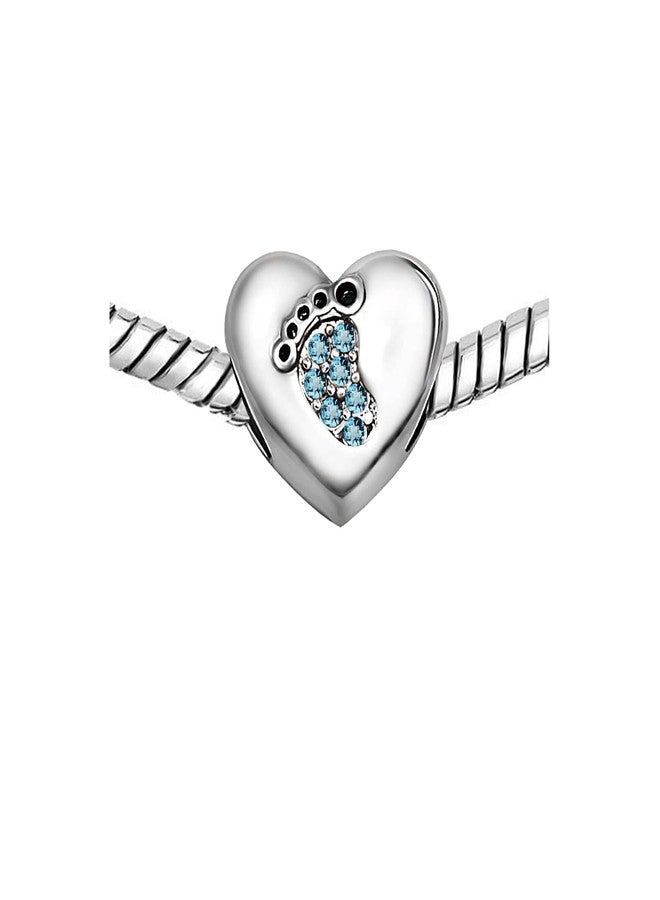 KunBead March Birthstone Footprint Heart Birthday Love Bead Charms Compatible with Pandora Bracelet for Mom Daughter Grandma Granddaughter - Image 4
