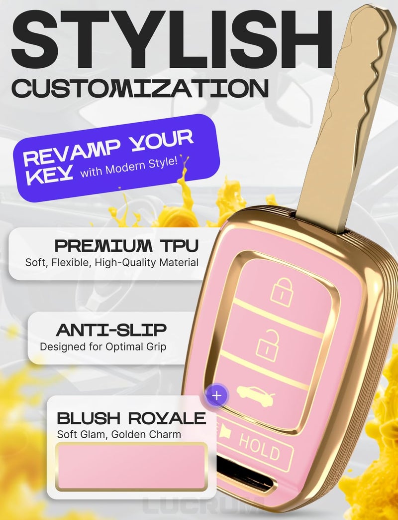 Lucrum Compatible with Honda Key Fob Cover & Leather Keychain - TPU Keyfob Case for Accord Civic CR-V HR-V Pilot Ridgeline SE LX, For 4 Button Remote (2014-2022) - Pink and Gold - Image 3