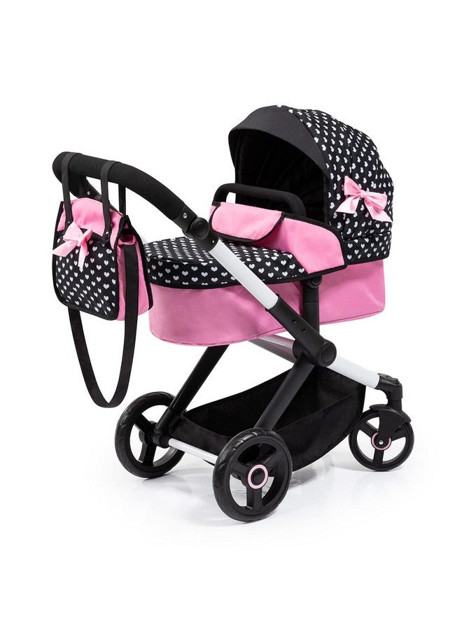 باير ديزاين دمى باير ديزاين: عربة أطفال إكسيو: قلوب باللونين الأسود والوردي - حقيبة يد متناسقة، بمقبض قابل للتعديل، للدمى حتى عمر 20 بوصة، للأعمار من 3 سنوات فما فوق - Image 1