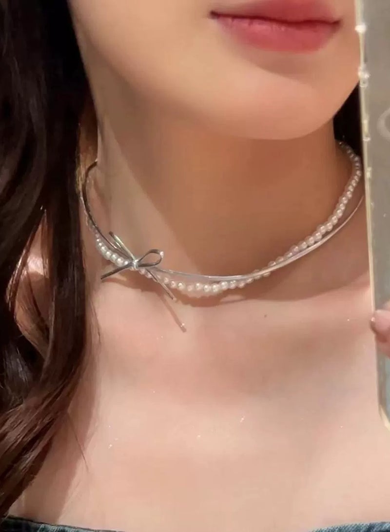 Goolsky Sweet & Edgy Bow Pearl Choker –Faux Leather Ribbon Necklace for Women, Kawaii Gothic Lolita Style  - Image 1