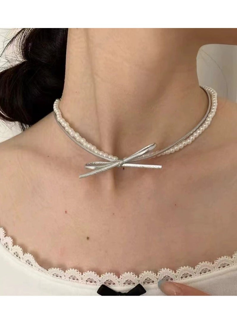 Goolsky Sweet & Edgy Bow Pearl Choker –Faux Leather Ribbon Necklace for Women, Kawaii Gothic Lolita Style  - Image 2