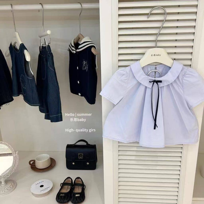 Summer Thai Bowknot Light Blue Pleated Skirt Two-Piece Set for Girls School Sweet Outing Kids Set - Image 4
