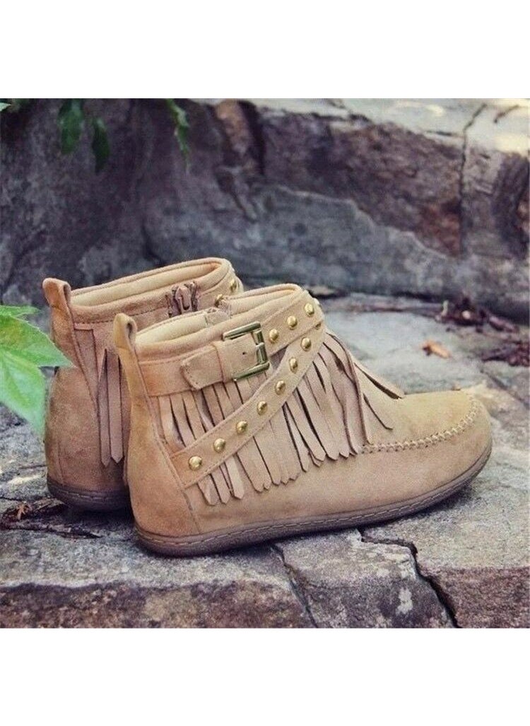 Generic 2023 Autumn Vintage Tassel Flat Ankle Boots Khaki 
