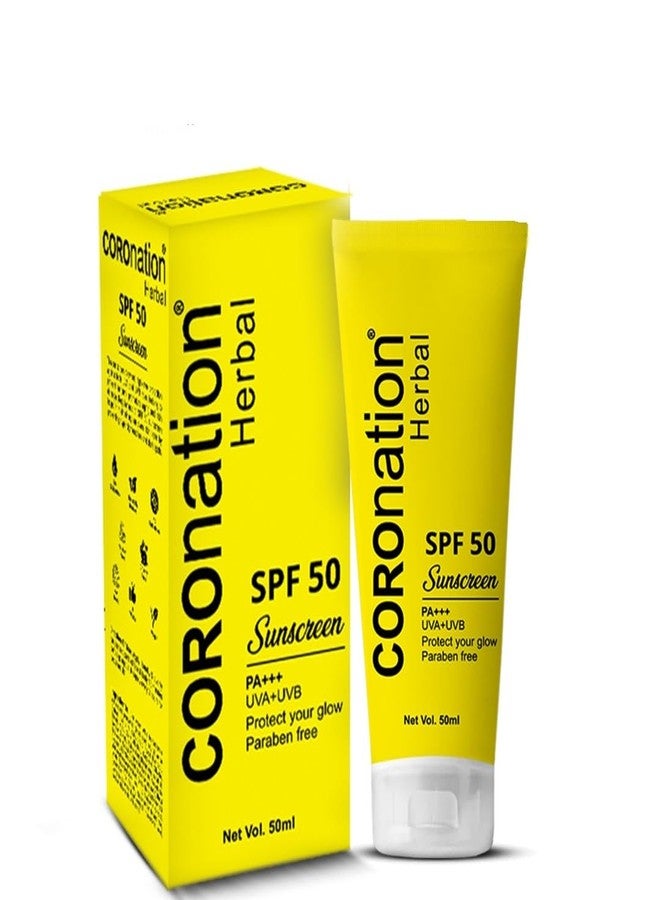 COROnation Herbal واقي شمس عشبي من كورونيشن بعامل حماية 50 PA++++ | حماية من الأشعة فوق البنفسجية UVA-UVB | مناسب للبشرة الدهنية والجافة والحساسة والمختلطة | للرجال والنساء | 50 مل، عبوة واحدة - Image 1