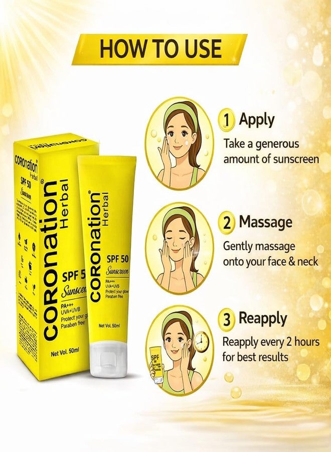 COROnation Herbal واقي شمس عشبي من كورونيشن بعامل حماية 50 PA++++ | حماية من الأشعة فوق البنفسجية UVA-UVB | مناسب للبشرة الدهنية والجافة والحساسة والمختلطة | للرجال والنساء | 50 مل، عبوة واحدة - Image 4