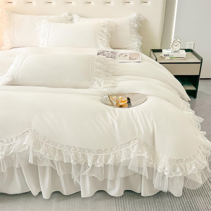 MOOWOO Chic Ruffle Lace Polyester Duvet Cover Set Girl White Bedding2 Piece Twin Duvet Cover with Zipper Closure Ultra Soft and Light Weight WhiteTwin