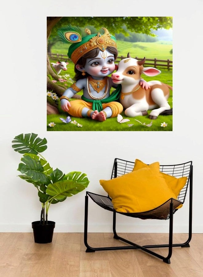 Sky Flying Baby Krishna And Little Cow Wall Poster (K18_NW_29) Living Room, Pooja Room, KIds Room (Size - 46CM X 46CM) - Image 2