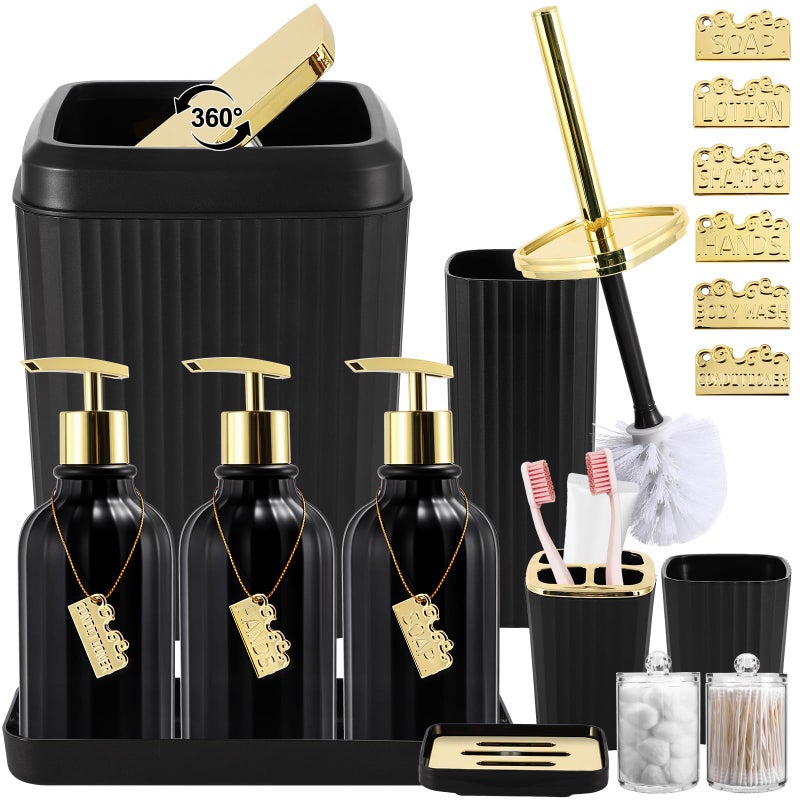 WSBArt 17PCS Bathroom Accessories Bathroom Set Black Bathroom Accessories,Toilet Brush, Trash Can, Qtip Holder Dispenser& 3PCS Soap Dispenser - Image 1