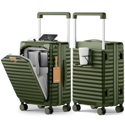 Joyway 20 Inch Carry on Luggage with Front Pocket, PC Hardshell Carry-on Suitcase with USB Port and Cup Holder, 21.5x14.2x9 Airline Approved, Luggage with Spinner Wheels and TSA Lock(Dark Green) - Image 1