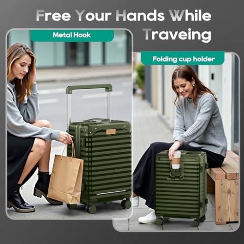 Joyway 20 Inch Carry on Luggage with Front Pocket, PC Hardshell Carry-on Suitcase with USB Port and Cup Holder, 21.5x14.2x9 Airline Approved, Luggage with Spinner Wheels and TSA Lock(Dark Green) - Image 3
