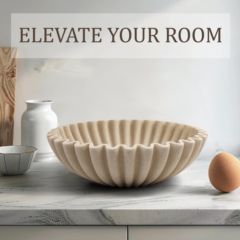 LIN CHUAN Ruffle Decorative Bowl, Large Fruit Bowl for Kitchen Counter, Stylish Key Bowl for Entry Table, Handcrafted Home Decor Display bowl, Artificial Stone Beige - Image 5