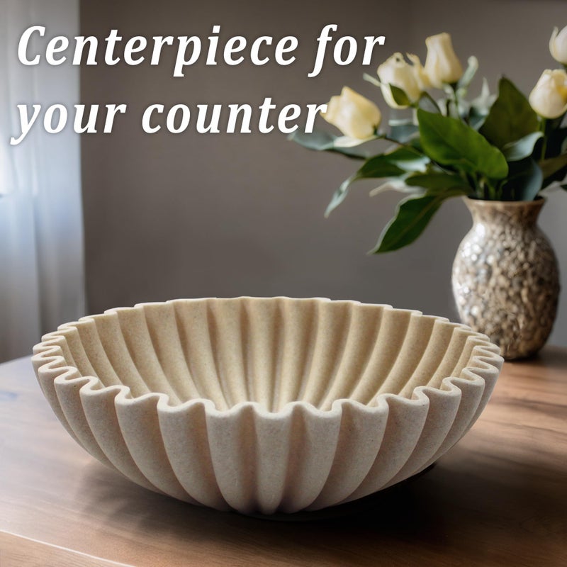 LIN CHUAN Ruffle Decorative Bowl, Large Fruit Bowl for Kitchen Counter, Stylish Key Bowl for Entry Table, Handcrafted Home Decor Display bowl, Artificial Stone Beige - Image 2