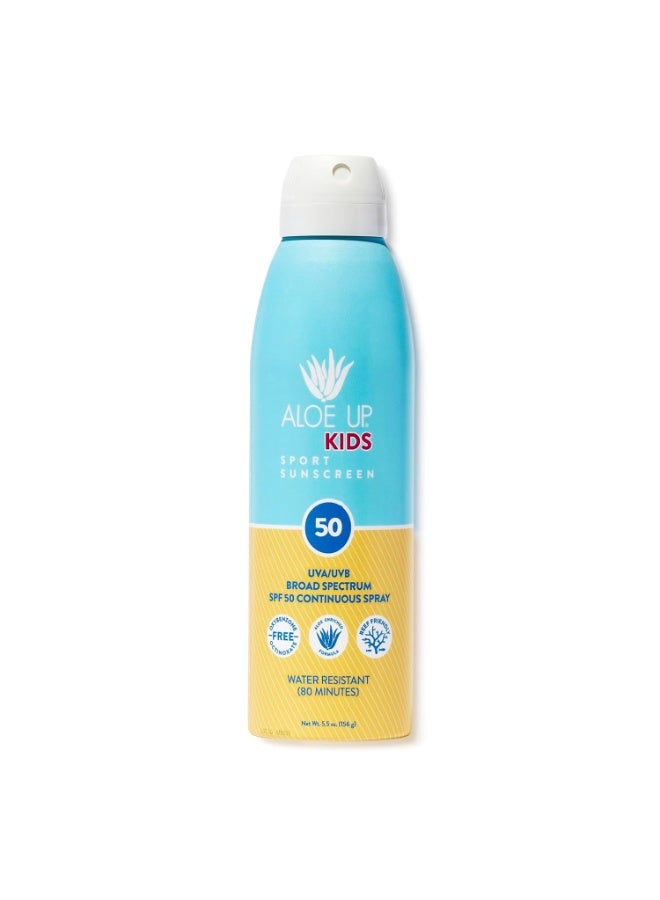 Aloe Up Kids Continuous Sport Sunscreen Spray SPF 50 - Broad Spectrum Sheer Face and Body Sunscreen Protector for Sensitive Skin - With Aloe Vera Gel - Dries Fast - Reef Safe - Fragrance-Free - 5.5 Oz - Image 1