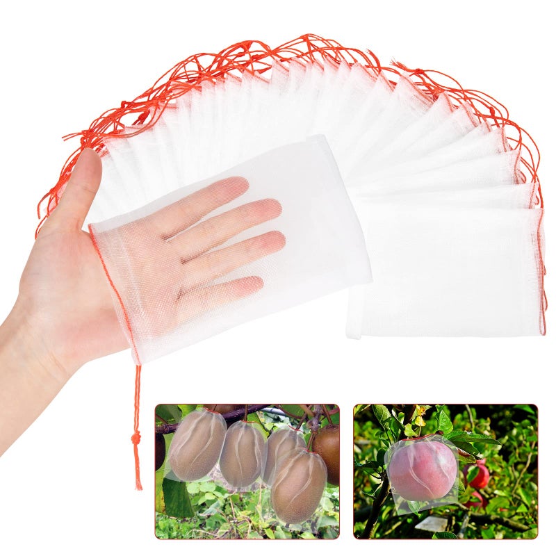 Kikhope 100Pcs Fruit Protection Bags, 6"x4" Garden Netting Bags with Drawstring, Fruit Netting Bags, Fruit Tree Bags, Netting Barrier Bags for Protecting Fruits and Vegetables - Image 1