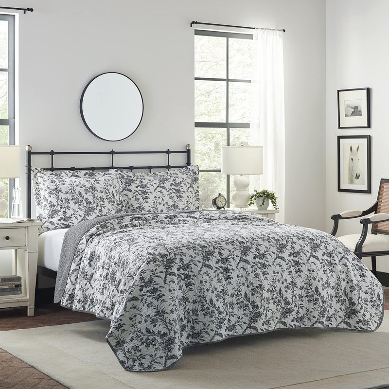 Laura Ashley - Queen Quilt Set, Soft Cotton Bedding with Reversible Design, Medium Weight for Year Round Use, 3 Piece Bed Set with Matching Pillowcases (Amberley Black/White) - Image 2