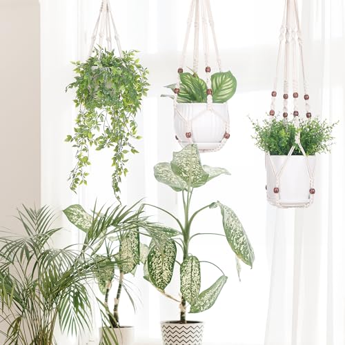 YIBOT 3 Pack Macrame Plant Hangers Indoor Different Size Hanging Planter Basket Flower Pot Holder with Beads No Tassels 35"/29"/23"(POTS NOT Included) - Image 4