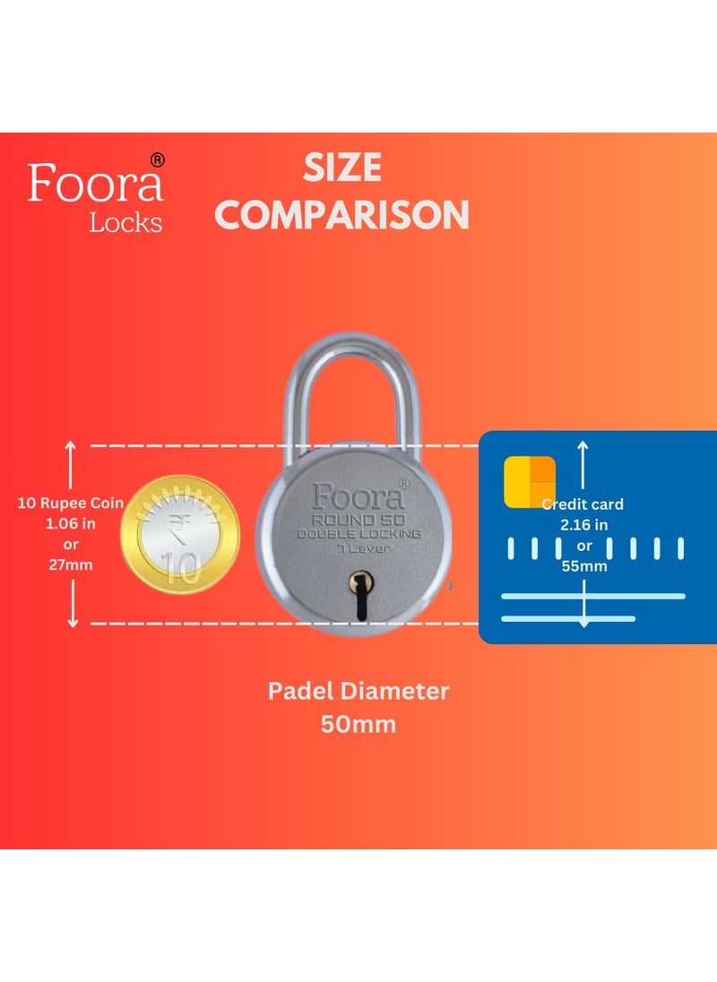 Foora Foora Round 50mm Lock with 5 Keys Double Locking 7 Lever Small Padlock Ideal for Home Gate and Door Security  - Image 3