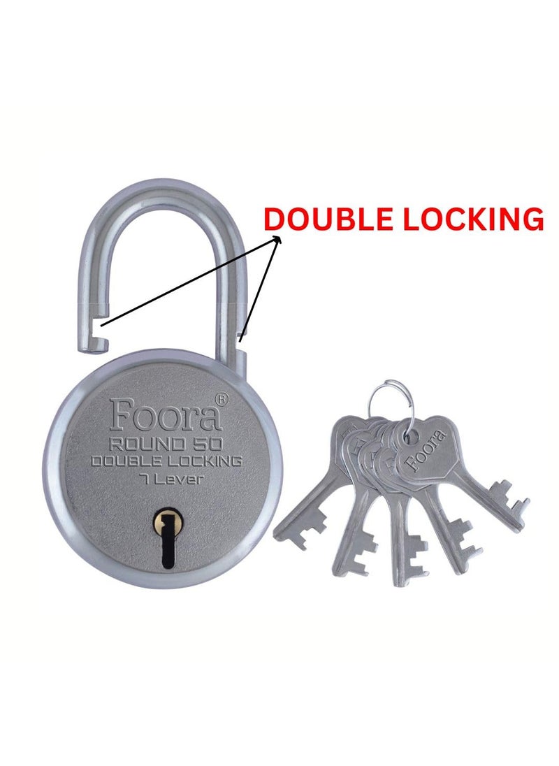 Foora Foora Round 50mm Lock with 5 Keys Double Locking 7 Lever Small Padlock Ideal for Home Gate and Door Security  - Image 2
