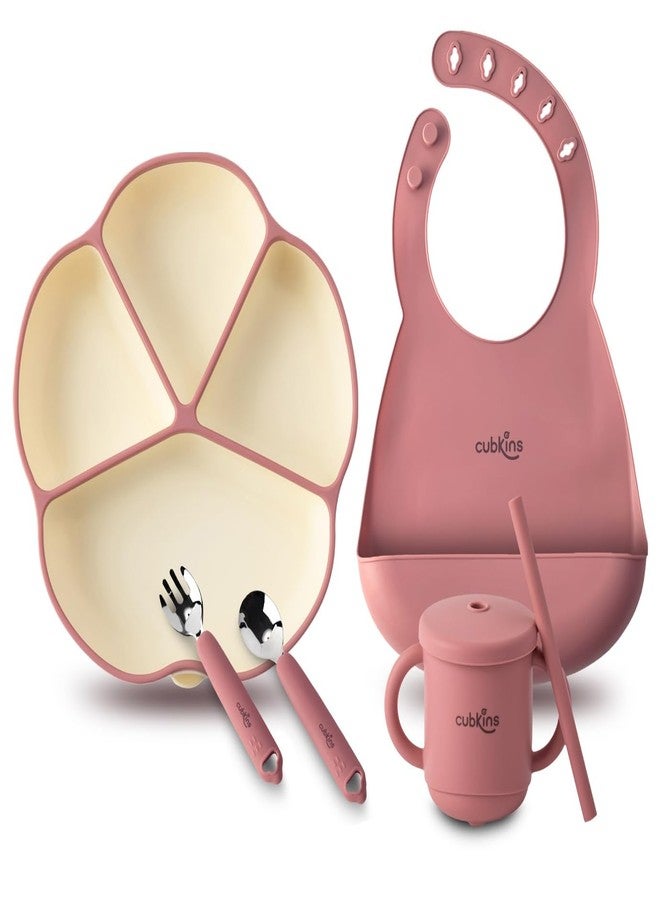 Cubkins Silicone Suction Plate, Bib, Sippy Cup and Stainless Steel Spoon and Fork Set of 5 for Baby Feeding | BPA Free, Washable and Reusable Feeding Set for Babies & Toddler (Raspberry) - Image 1