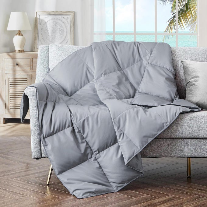 SOFT FEATHER DOWN THROW BLANKET LIGHTWEIGHT PACKABLE COUCH THROW FOR INDOOR AND OUTDOOR USE 50X70 SLIVER GRAY
