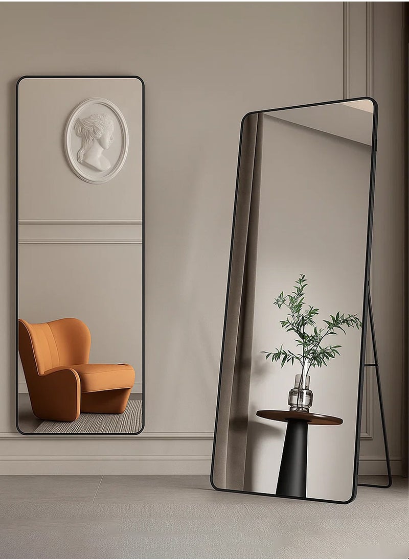 Taimi Rectangular Mirror 155x45cm with Rounded Edges, Full Length Mirror with Stand and Metal Frame, Floor Mirror, Wall Mirror Hanging or Tilt for Living Room, Bedroom, Entryway Black  - Image 1