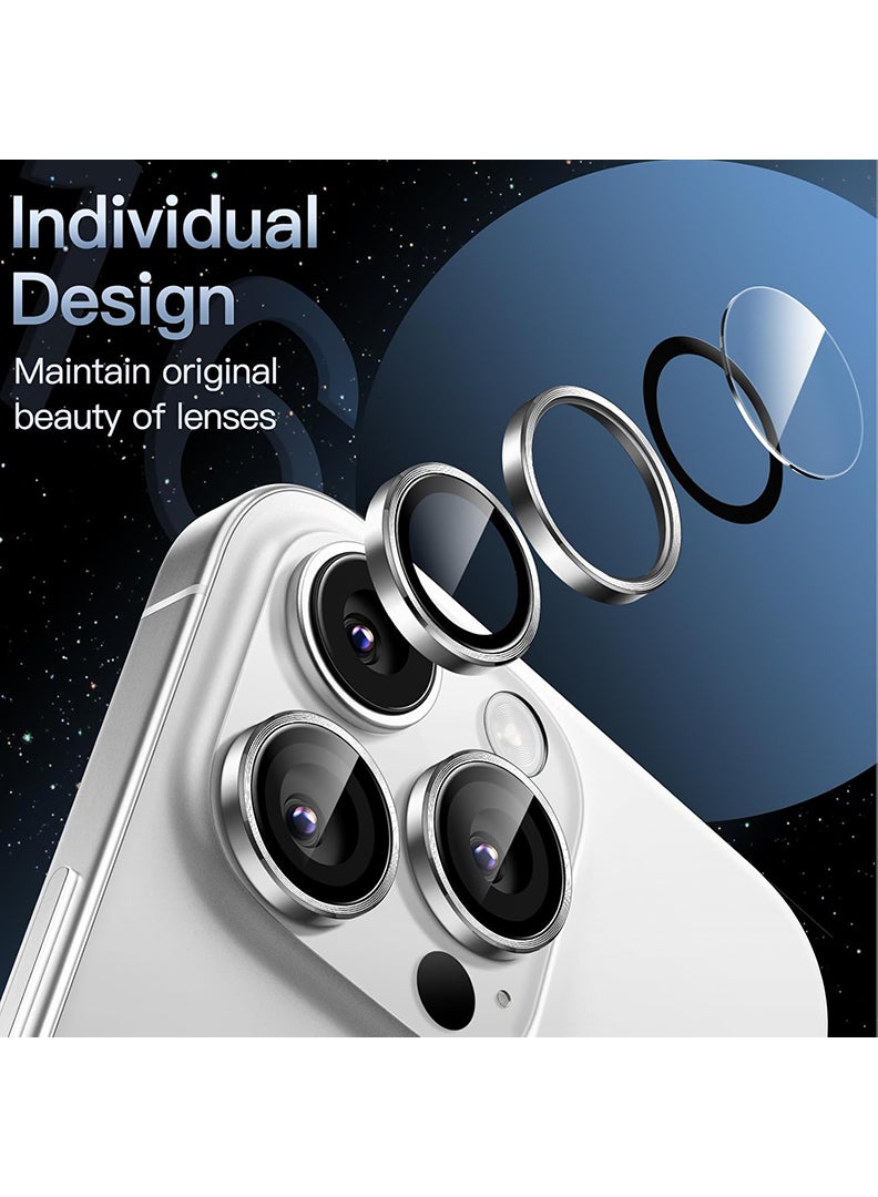 Theodor iPhone 16 Pro Max/ 16 Pro 3 Pcs Camera Lens Protector With 9H Tempered HD Glass Camera Cover Anti Scratch Aluminum Alloy Camera Ring, Silver Titanium - Image 2