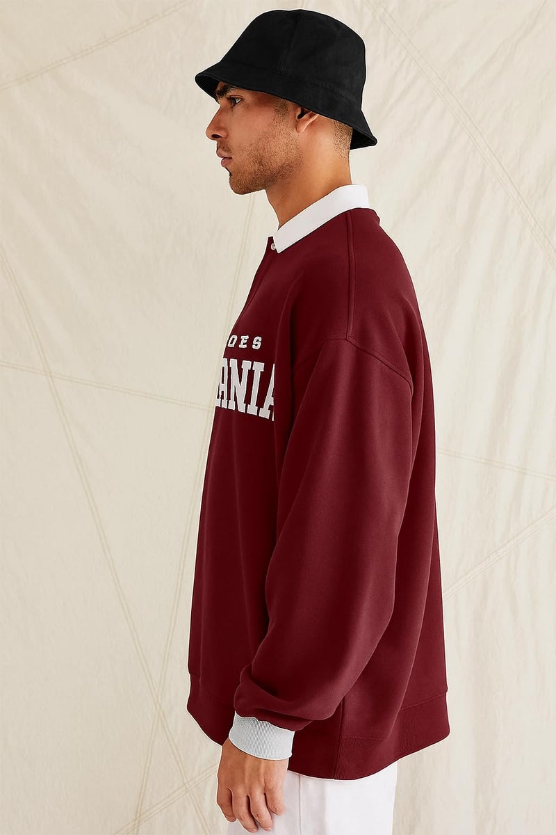 Jump Cuts Mens Printed Polo Neck Full Sleeve Burgundy Cottonblend Oversized T-Shirt - Image 3