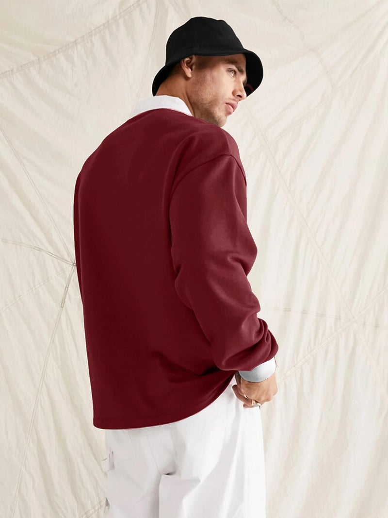 Jump Cuts Mens Printed Polo Neck Full Sleeve Burgundy Cottonblend Oversized T-Shirt - Image 2