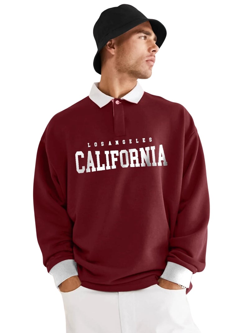 Jump Cuts Mens Printed Polo Neck Full Sleeve Burgundy Cottonblend Oversized T-Shirt - Image 5
