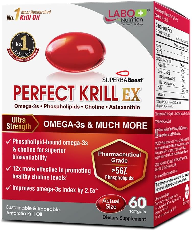 LABO Nutrition Perfect Krill EX 1000 ملغ زيت كريل أنتاركتيكي أوميغا 3 EPA DHA أعلى فوسفوليبيد أكثر من 56 مع كولين أستازانتين صحة القلب والدماغ والعين والمفاصل صنع في الولايات المتحدة 60 كبسولة لينة - Image 1