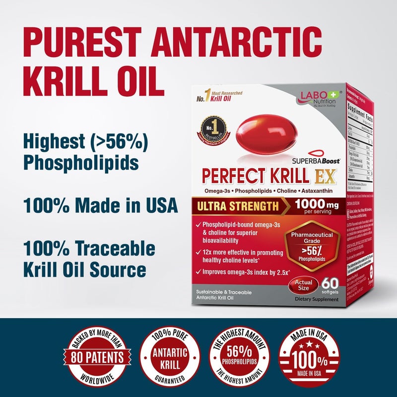 LABO Nutrition Perfect Krill EX 1000 ملغ زيت كريل أنتاركتيكي أوميغا 3 EPA DHA أعلى فوسفوليبيد أكثر من 56 مع كولين أستازانتين صحة القلب والدماغ والعين والمفاصل صنع في الولايات المتحدة 60 كبسولة لينة - Image 3