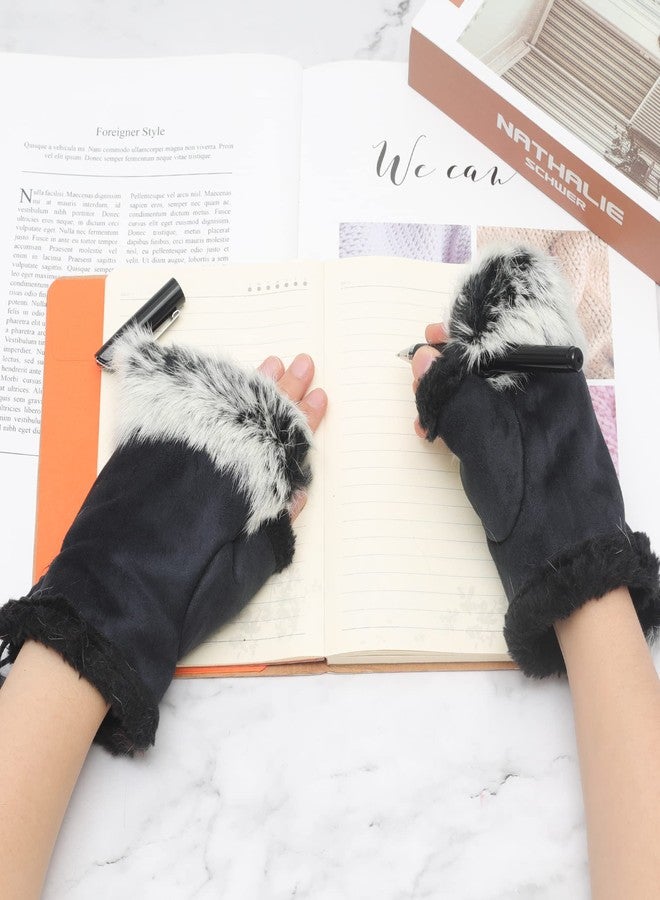 ZLYC Womens Teens Winter Warm Rabbit Fur Hand Fingerless Gloves Mittens (Black) - Image 2