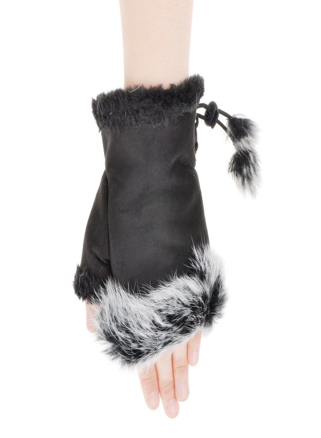 ZLYC Womens Teens Winter Warm Rabbit Fur Hand Fingerless Gloves Mittens (Black) - Image 4