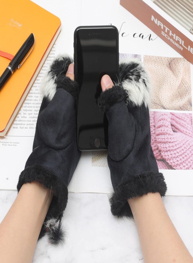 ZLYC Womens Teens Winter Warm Rabbit Fur Hand Fingerless Gloves Mittens (Black) - Image 3