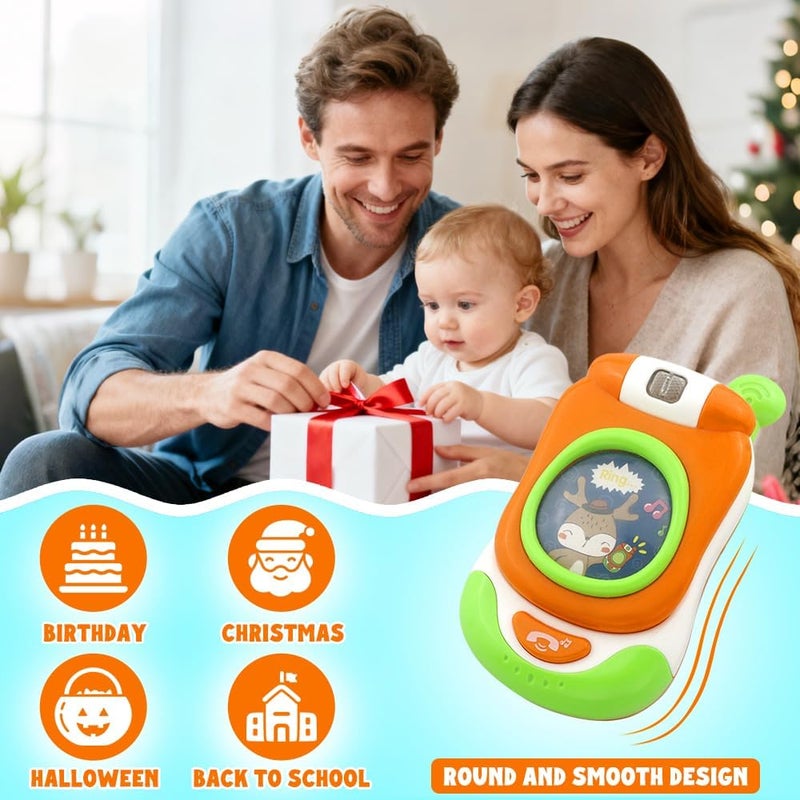Caterbee Musical Baby Flip Phone Toy, Interactive Learning Toy with Lights and Sounds, Orange and Green, Educational Pretend Play Mobile Phone for Toddlers (Orange) - Image 3
