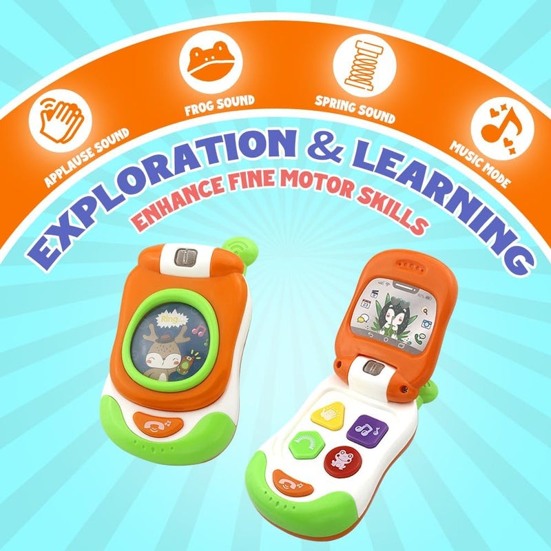 Caterbee Musical Baby Flip Phone Toy, Interactive Learning Toy with Lights and Sounds, Orange and Green, Educational Pretend Play Mobile Phone for Toddlers (Orange) - Image 2