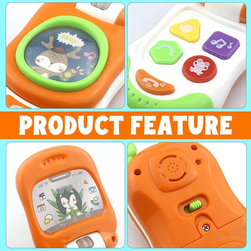 Caterbee Musical Baby Flip Phone Toy, Interactive Learning Toy with Lights and Sounds, Orange and Green, Educational Pretend Play Mobile Phone for Toddlers (Orange) - Image 4