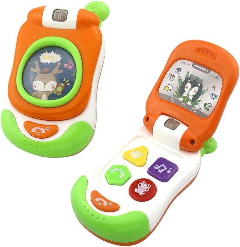 Caterbee Musical Baby Flip Phone Toy, Interactive Learning Toy with Lights and Sounds, Orange and Green, Educational Pretend Play Mobile Phone for Toddlers (Orange) - Image 1