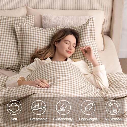 SunNewt Queen Comforter Set, Modern Plaid Checkered Bedding, Tan Gingham Brown Grid Bed Comforter, Soft Fluffy Breathable Farmhouse Dorm Bedding, All Seasons 3 Piece Set - Image 2