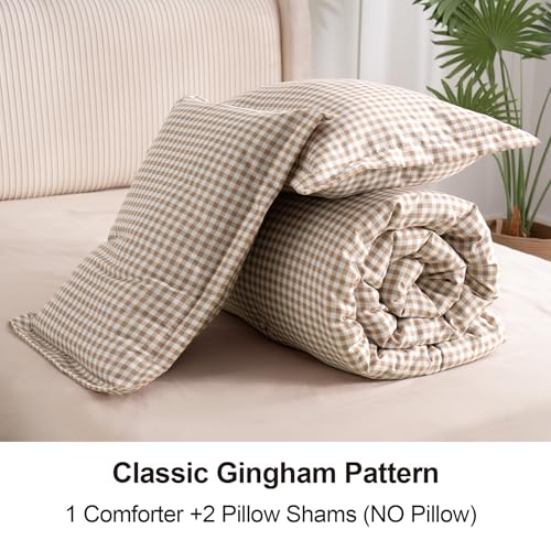 SunNewt Queen Comforter Set, Modern Plaid Checkered Bedding, Tan Gingham Brown Grid Bed Comforter, Soft Fluffy Breathable Farmhouse Dorm Bedding, All Seasons 3 Piece Set - Image 4