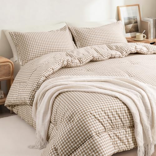 SunNewt Queen Comforter Set, Modern Plaid Checkered Bedding, Tan Gingham Brown Grid Bed Comforter, Soft Fluffy Breathable Farmhouse Dorm Bedding, All Seasons 3 Piece Set - Image 1