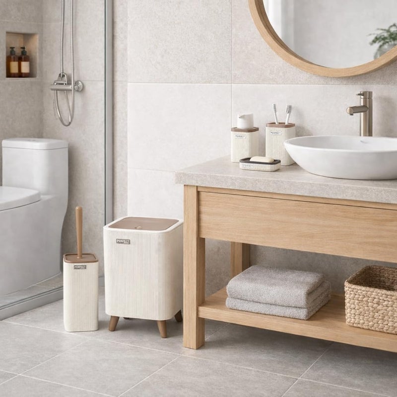 Senpex Bathroom Accessories Set, colours, Ribbed Design, 5-Piece Set with Waste Bin, Soap Dispenser, Toothbrush Holder, Toilet Brush, Soap Dish (white beige) - Image 1