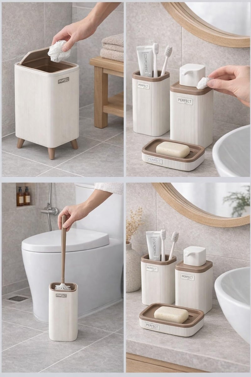 Senpex Bathroom Accessories Set, colours, Ribbed Design, 5-Piece Set with Waste Bin, Soap Dispenser, Toothbrush Holder, Toilet Brush, Soap Dish (white beige) - Image 3