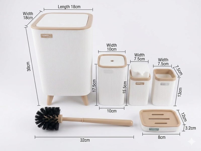 Senpex Bathroom Accessories Set, colours, Ribbed Design, 5-Piece Set with Waste Bin, Soap Dispenser, Toothbrush Holder, Toilet Brush, Soap Dish (white beige) - Image 2