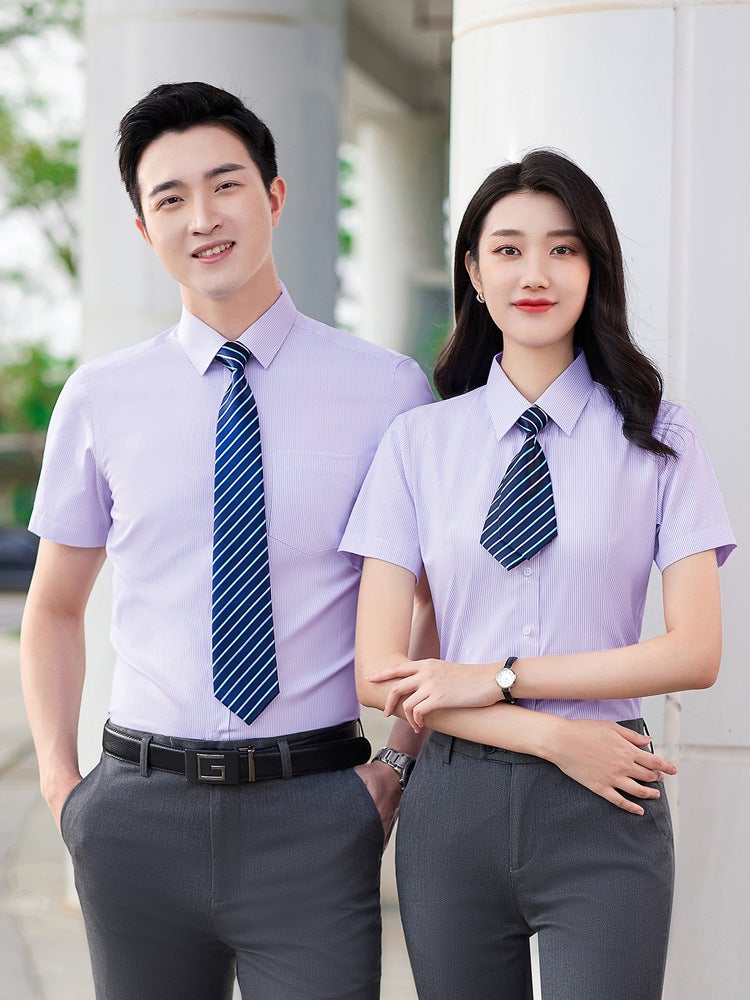 Pinstriped Lapel Iron-Free Professional Shirt Men'S And Women'S Overalls Summer Overalls Short-Sleeved Manager Formal Overalls Printed And Embroidered Logo - Image 5